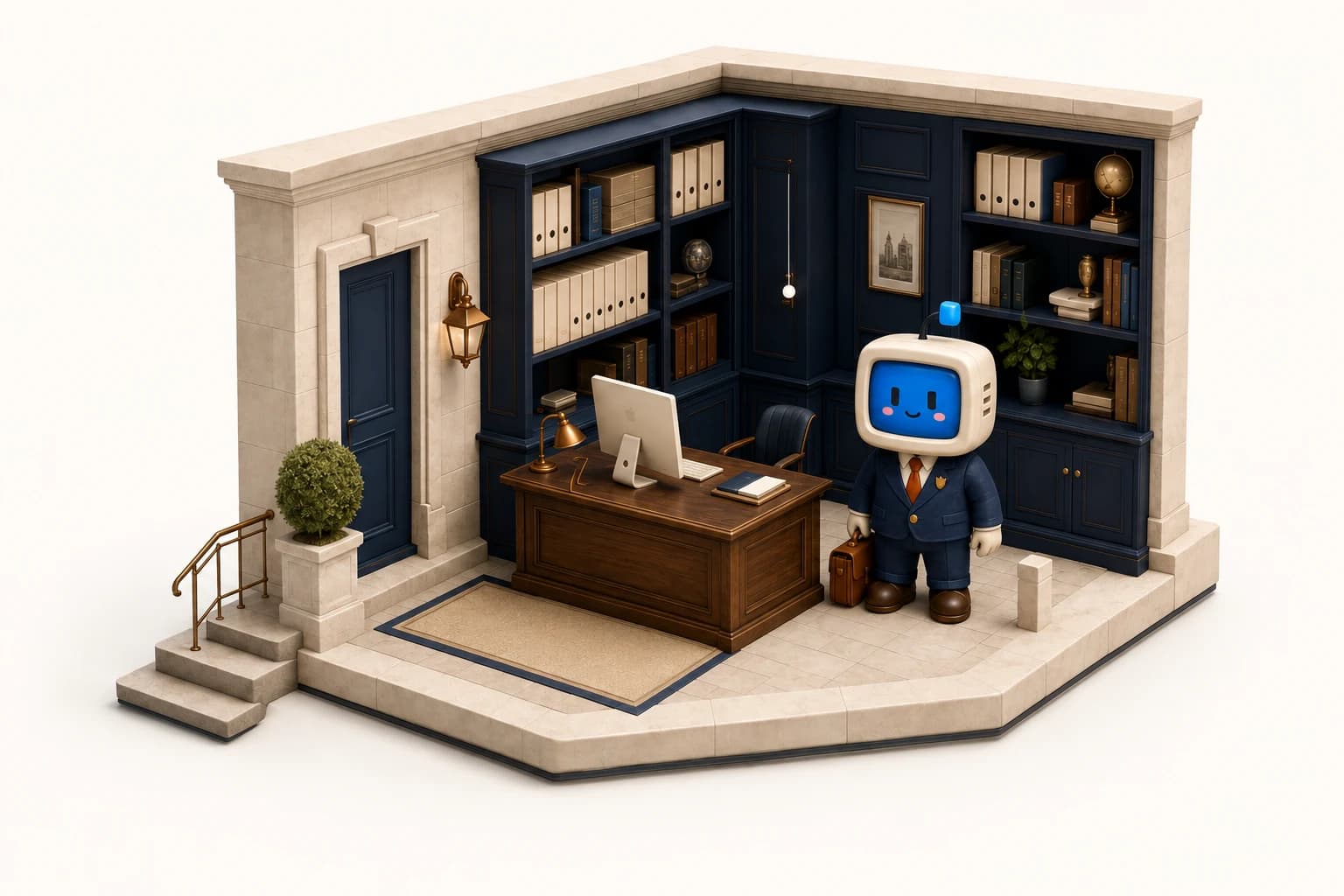 Un bureau de courtage miniature : dossiers dans une bibliothèque marine, bureau en bois et compagnon Brok’s à tête d’écran.